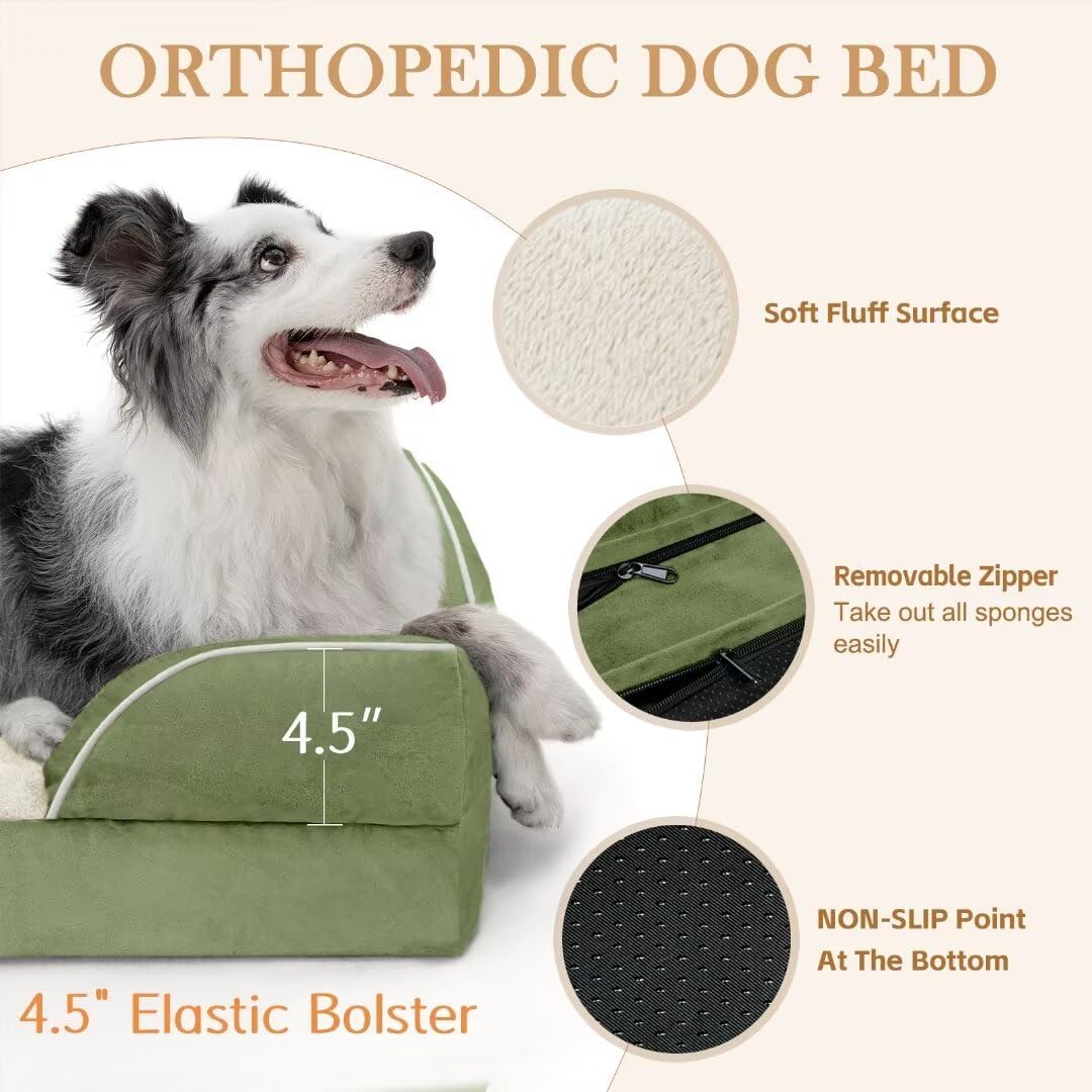 Comfort Expression Waterproof Dog Beds for Large Dogs, Orthopedic Large Breed Dog Beds, Comfy Pet Bed Sofa with Washable Removable Cover & Non-Slip Bottom(Light Green)