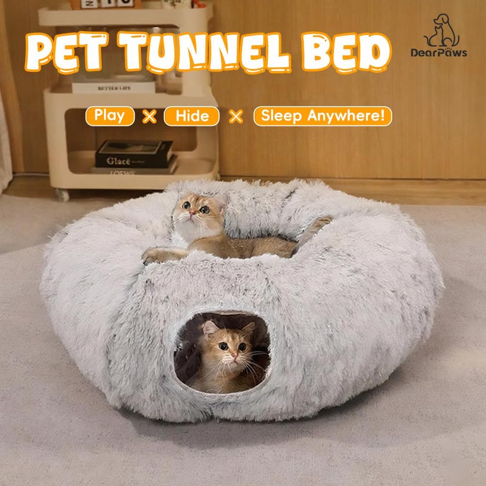 Cat Tunnel with Bed for Indoor Use Under Christmas Tree Soft Plush Cat Cave Donut Tunnel, Multifunctional Playground Toys Hideplace for Kittens, Rabbit, Ferret (Grey)