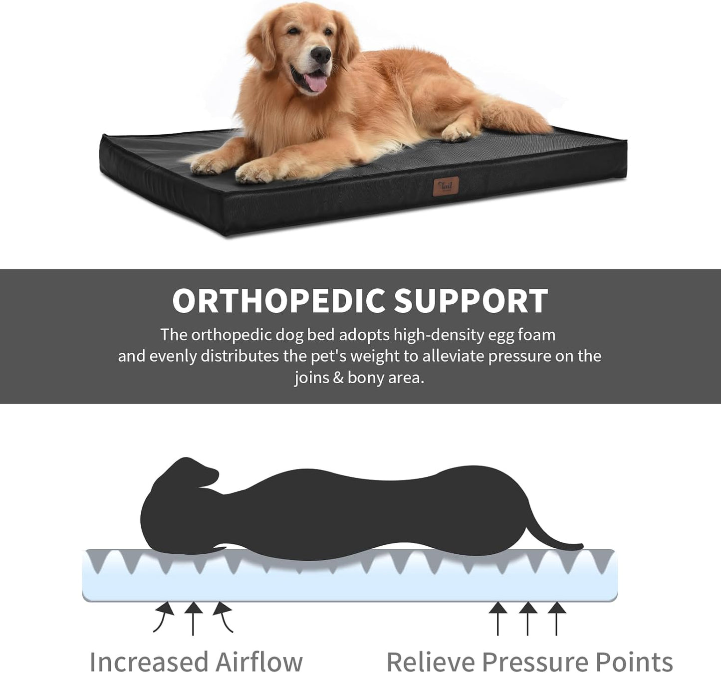 Outdoor Extra Large Dog Bed, Jumbo Waterproof Dog Bed for Large Dogs, Orthopedic Egg Foam Pet Bed Mat with Removable Oxford Cooling Cover, Black