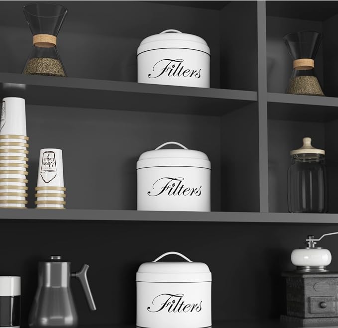 Coffee Filter Holder, White Basket Coffee Filter Storage with Lid, Round CoffeeFilter Container for Counter, Rustic Farmhouse Coffee Bar Accessories Decor (White)