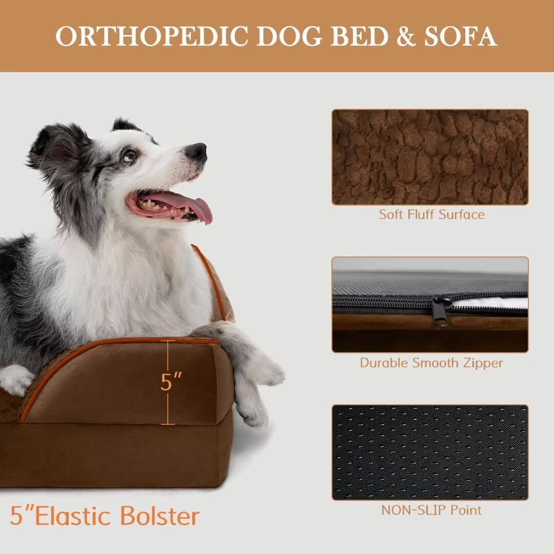 Comfort Expression XL Orthopedic Dog Beds for Extra Large Dogs, Waterproof Dog Bed with Bolster, Washable Dogs Bed Sofa Pet Beds with Removable Cover & Non-Slip Bottom(X-Large,Chocolate Brown)