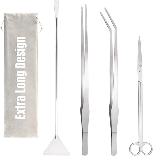 Hiceeden 4 Pcs 15 Inch Long Aquarium Aquascape Tools, Stainless Steel Aquascaping Tools Kit Include Aquarium Tweezer, Scissor, Spatula, Aquatic Plants Tool Set with Storage Pouch for Fish Tank