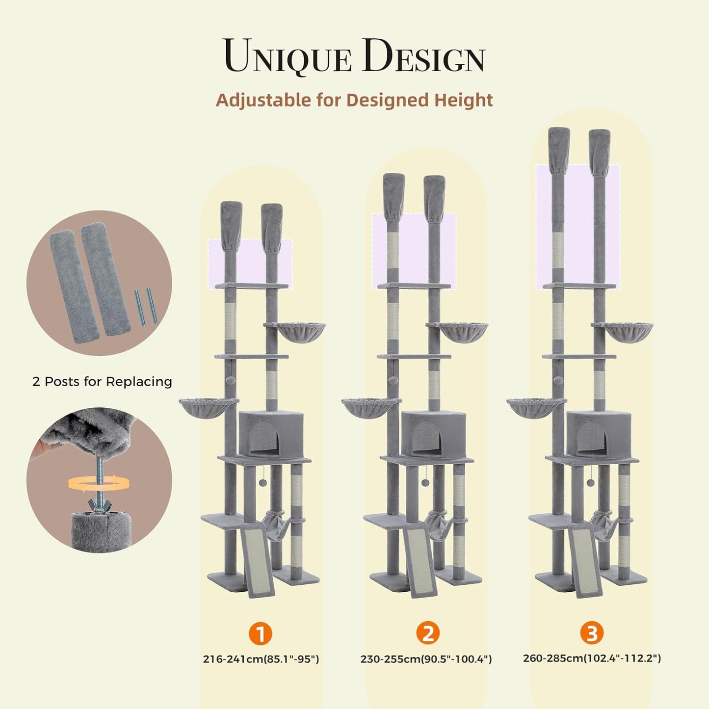 PAWZ Road Tall Cat Tree, Floor to Ceiling Cat Tower with Adjustable Height(85-112 Inches), 7 Tiers Climbing Tower with Cozy Hammocks, 5 Platforms and Scratching Posts for Indoor Cats-Gray