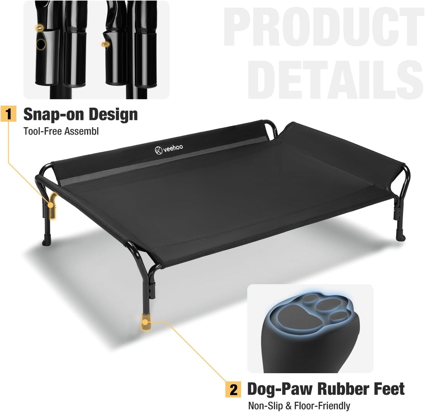 Veehoo Cooling Elevated Dog Bed, Raised Pet Cot with Guardrail & Slope Headrest, Durable Breathable Teslin Mesh, Non-Slip Feet, Washable Dog Couch Bed for Indoor & Outdoor, Medium 39.5" x 28", Black