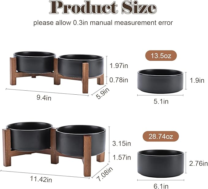 SPUNKYJUNKY Ceramic Dog Bowls with Acacia Wood Stand - Raised Dog Food and Water Bowl Set for Medium Dogs (28.74 OZ, Black)