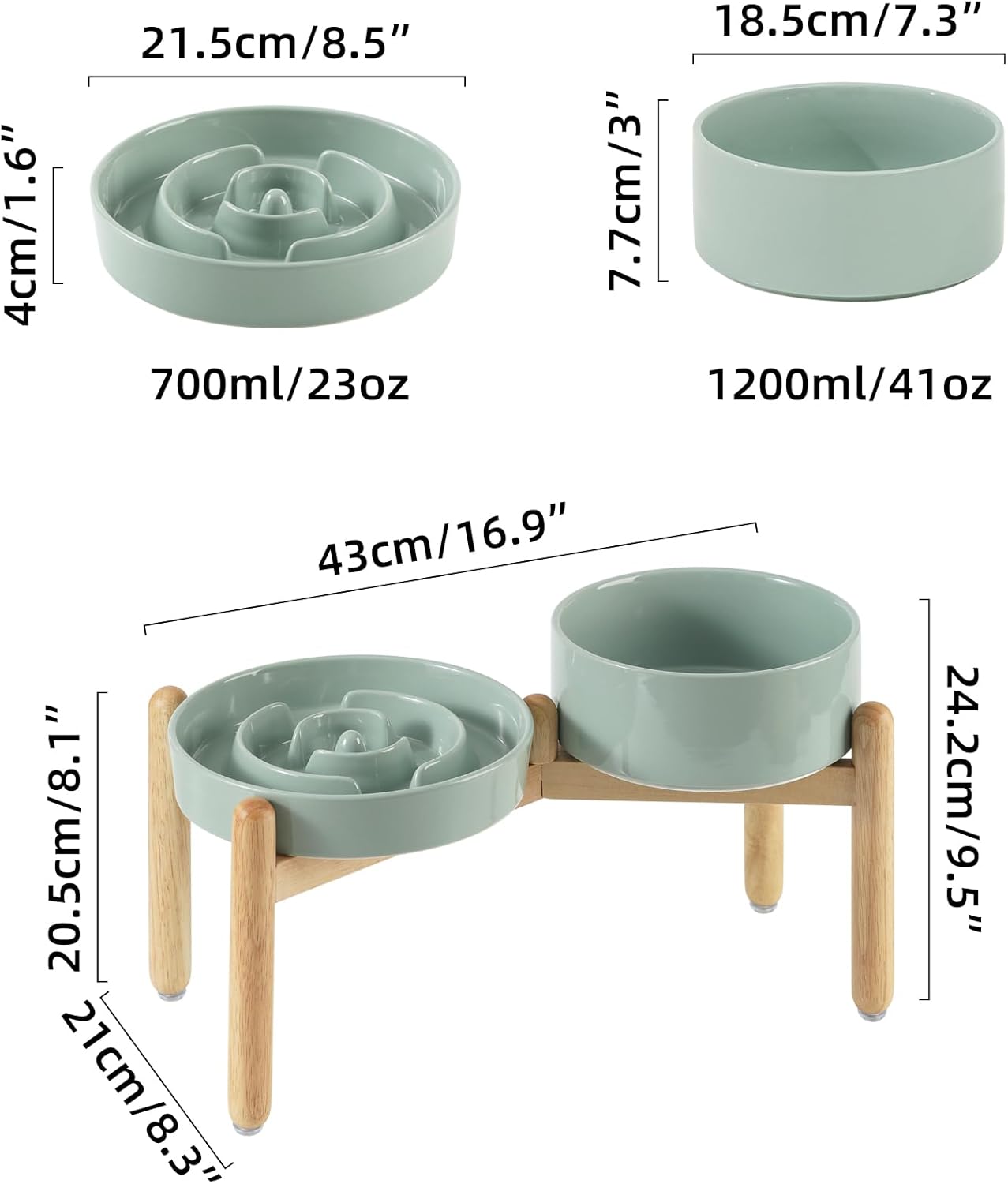Ceramic Raised Slow Feeder Dog Bowl Set, Elevated 7.3inch Bowl and 8.2inch Puzzle Slow Dish with Wooden Stand for Medium and Large Dog, Anti-Gulping (2X Light Green+ Stand)