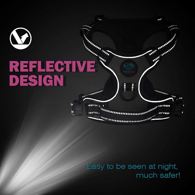 PHOEPET No Pull Dog Harness Medium Reflective Front Clip Vest with Handle, Adjustable 2 Metal Rings 2 Buckles(M, Grey)