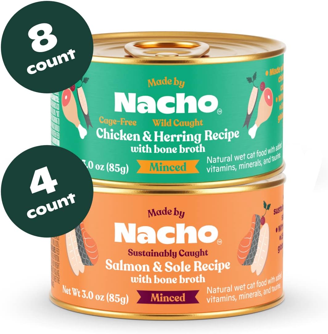 Made by Nacho Pate Wet Cat Food Variety Pack, Chicken & Herring and Salmon & Sole, 3 Ounce Cans, Grain-Free Canned Pet Food, Bone Broth Infused for Hydration, 12 Pack