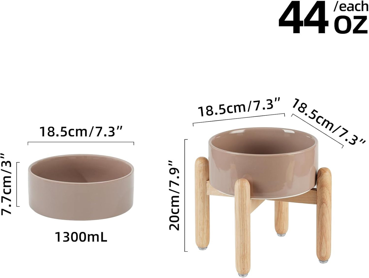 Ceramic 7.3inch Raised Dog Bowl Set, Elevated with Wooden Stand, Food and Water Bowl for Medium Breed Dogs, Weighted Dog Dishes, Pet Feeder(Brown Coffee)
