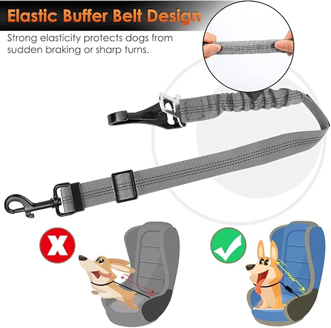 SlowTon 2 Pack Dog Seat Belt, 2 in 1 Attachment, Hook Latch Bar or Seatbelt Buckle with Elastic Nylon Bungee Buffer Adjustable Reflective Nylon Safety Belt Tether Connect to Dog Harness (2pack-GY)