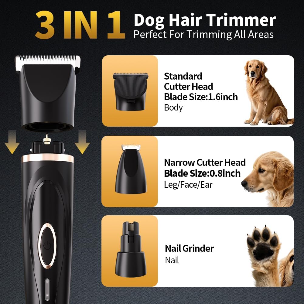 Dog Clippers Grooming Kit with Paw Trimmer, 3 in 1 Low Noise Electric Rechargeable Cordless Pet Shaver with Nail Grinder Dog Hair Trimmer for Dogs Cats and Other Pets