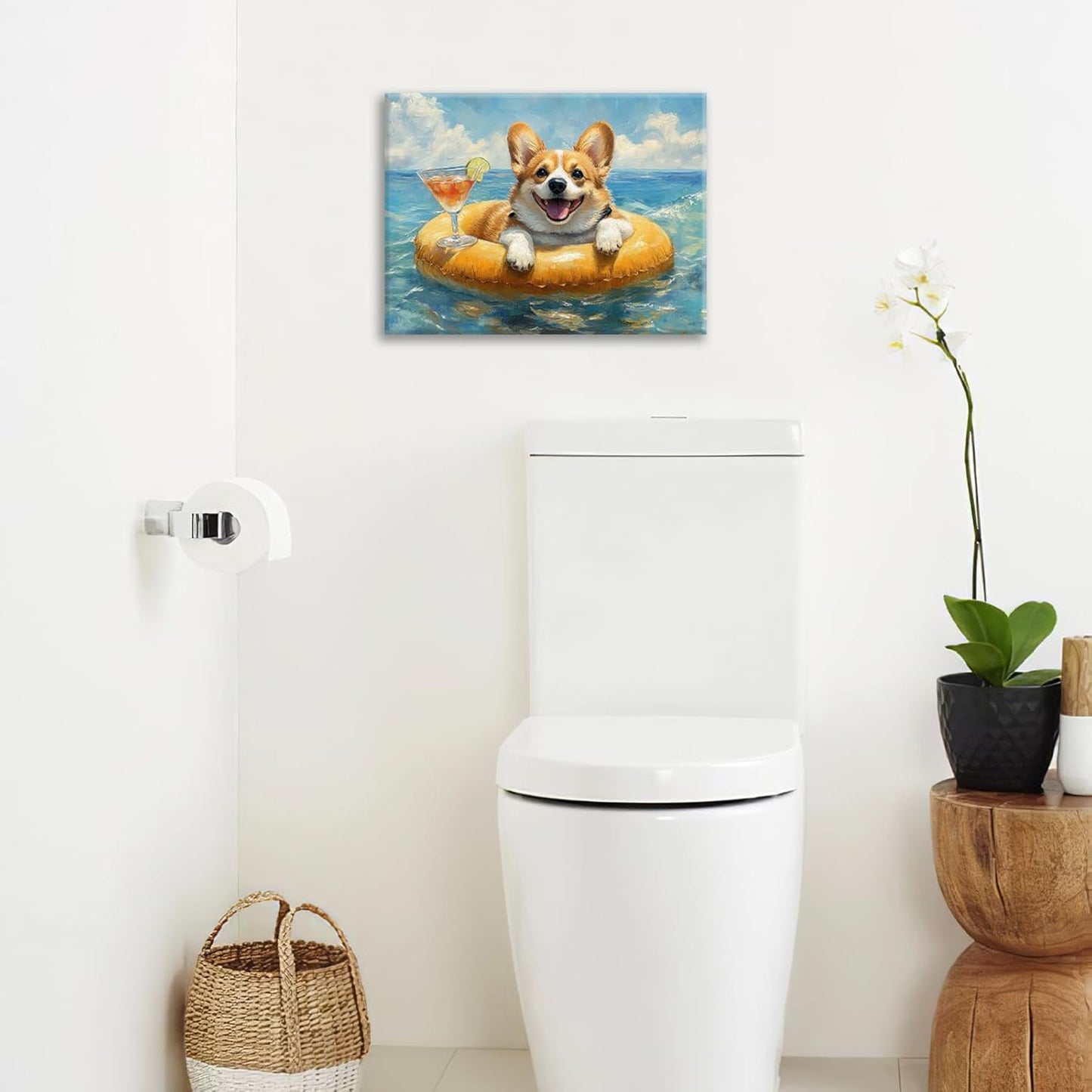 Ocean Funny Corgi Dog Pictures Wall Art, Bathroom Cute Dog Wall Decor Sea Coastal Framed Painting Beach Canvas Artwork for Bathroom Bedroom Living Room Decorations 16"L x 12"W