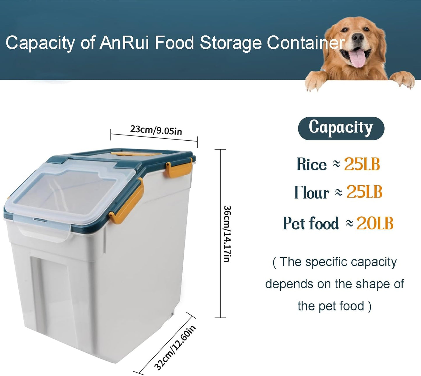 AnRui Airtight Flour Storage Container 25lb, Plastic Grain Storage Bucket, Rice Cereal Dispenser Organizer Box with Lid, Cat Dog Food Storage Bin with Measuring Cup, Scoop, Wheels, 2Pcs Blue