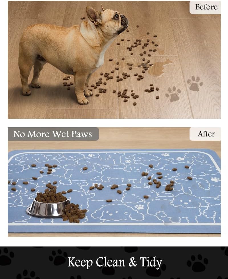 Pet Feeding Mat-Absorbent Dog Mat for Food and Water Bowl-No Stains Quick Dry Water Dispenser Mat-Dog Accessories Pet Supplies-Bowl for Messy Drinkers（BLUEDOGS,17"x28"