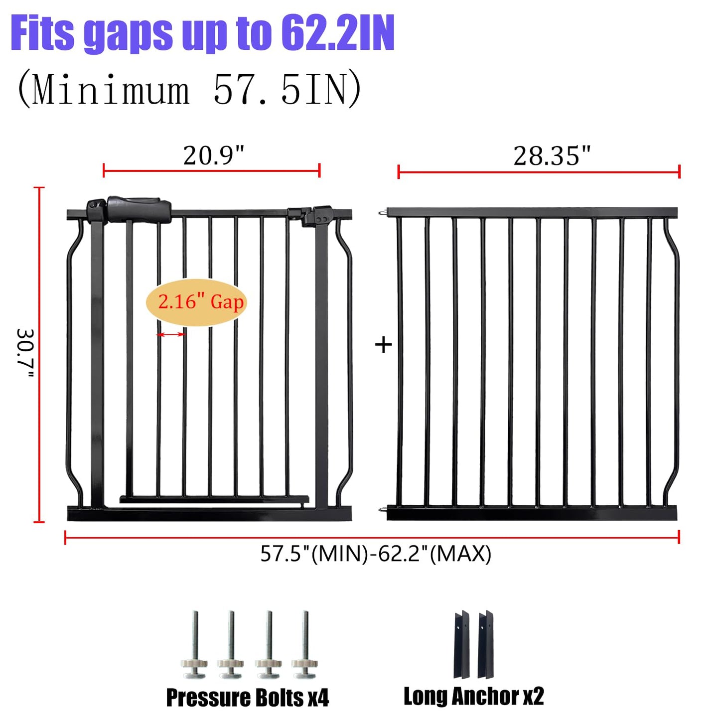 Extra Wide 57.5-62 Inch Large Baby Gates for Stairs, Doorways - No Drilling, Pressure Mounted Pet Gates for Kids & Dogs