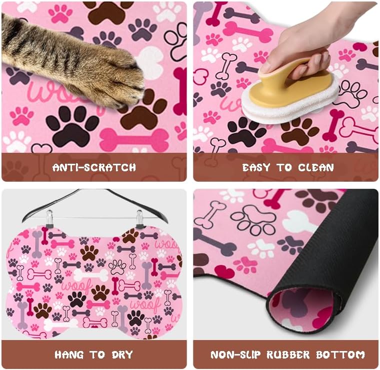 Dog Food Mats for Floors Waterproof, Pet Feeding Absorbent Water Bowl Mat Cat Placemats Pink Bone Shape 23.6 * 15.7 inch