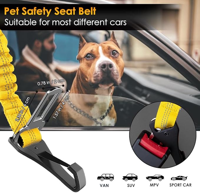 SlowTon Dog Harness, Adjustable Dog Seatbelt, 2 in 1 Latch Bar Attachment, Reflective Nylon Belt Tether, Yellow, 27.55in