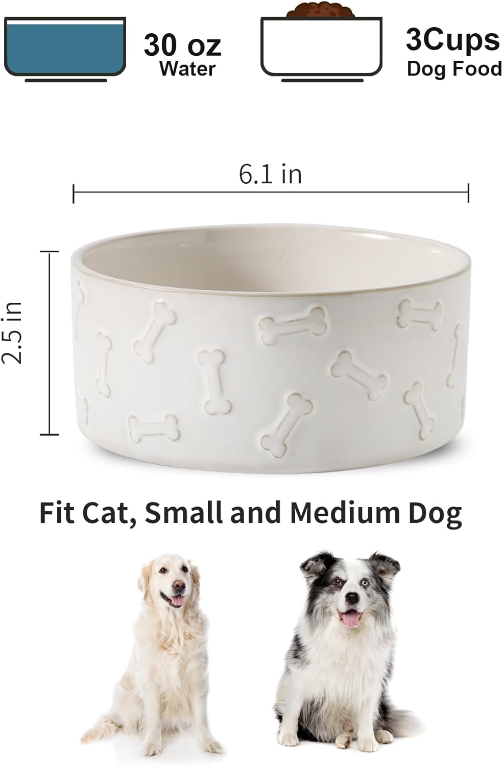 UBEE Ceramic Dog Bowl Set of 2, 6.1 inch Dog Food Bowl Dish with Bone Paw Pattern, Pet Food Water Dish Feeding for Small and Meidum Dogs and Large Cat, White