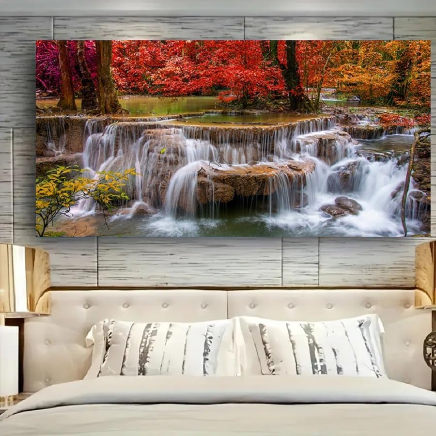 Yxbhhym Landscape Canvas Wall Art Waterfall Painting -Trees Forest Picture Prints-Fall Scenery Artwork Picture for Living Room Bedroom Home Office Wall Decor Framed -20x40inches