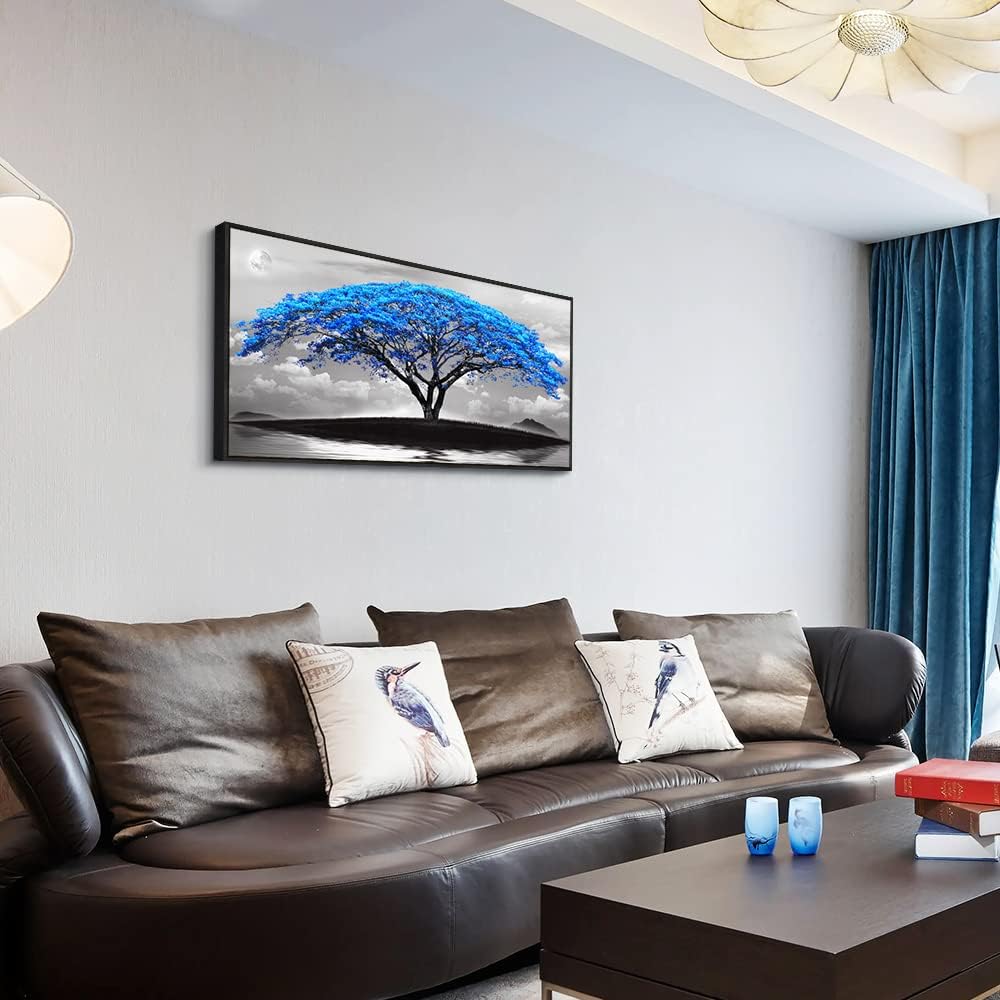 Framed Canvas Wall Art For Living Room Large Size Office Wall Decor Bedroom Decor Wall Pictures Artwork Black And White Landscape Blue Tree Moon Wall Painting Home Decorations Black Frame 20" X 40"