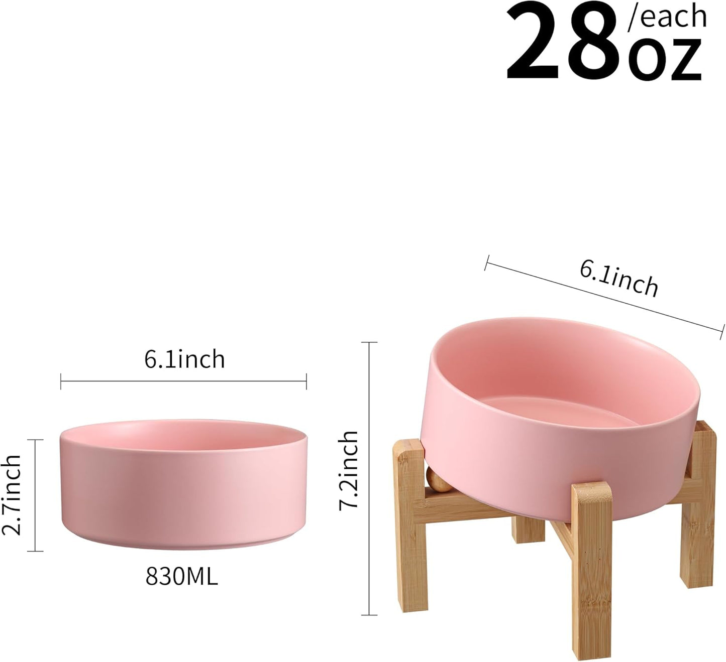 Pink Elevated/Raised 15°Tilted Anti Slip Ceramic Dog Bowl for Small/Medium Breeds,Slanted Bulldog Big Face Pet Food Water Feeding Dish with Stand for Cats and Dogs (3.6 Cups/28 OZ)