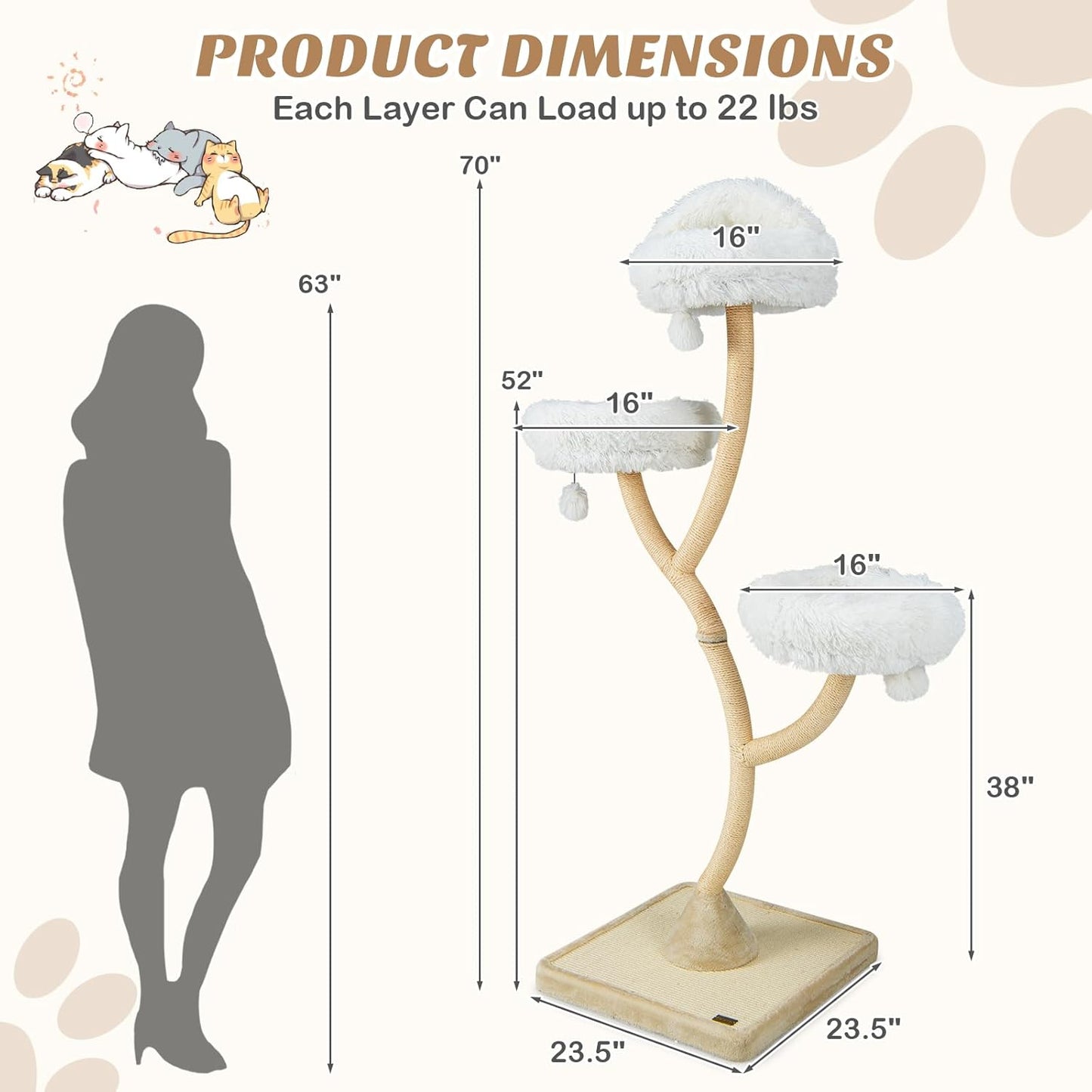 PETSITE 70" Tall Cat Tree, Cat Tower with Scratching Posts and Board, Multi-Level Cat Tower for Large Cats 20 lbs+ with 3 Cozy Perches and Dangling Balls, Modern Cat Tree for Indoor Cats Large Adult