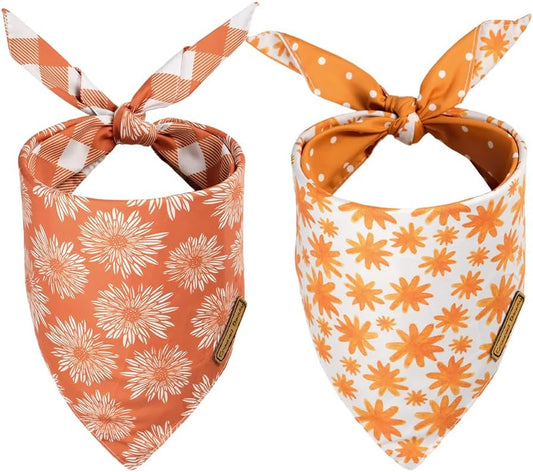CROWNED BEAUTY Fall Dog Bandanas Reversible 2 Pack, Daisy Set, Buffalo Plaid Polka Dots Adjustable Triangle Scarves for Medium Large Extra Large Dogs Girl Boy Pets Orange DB64-L