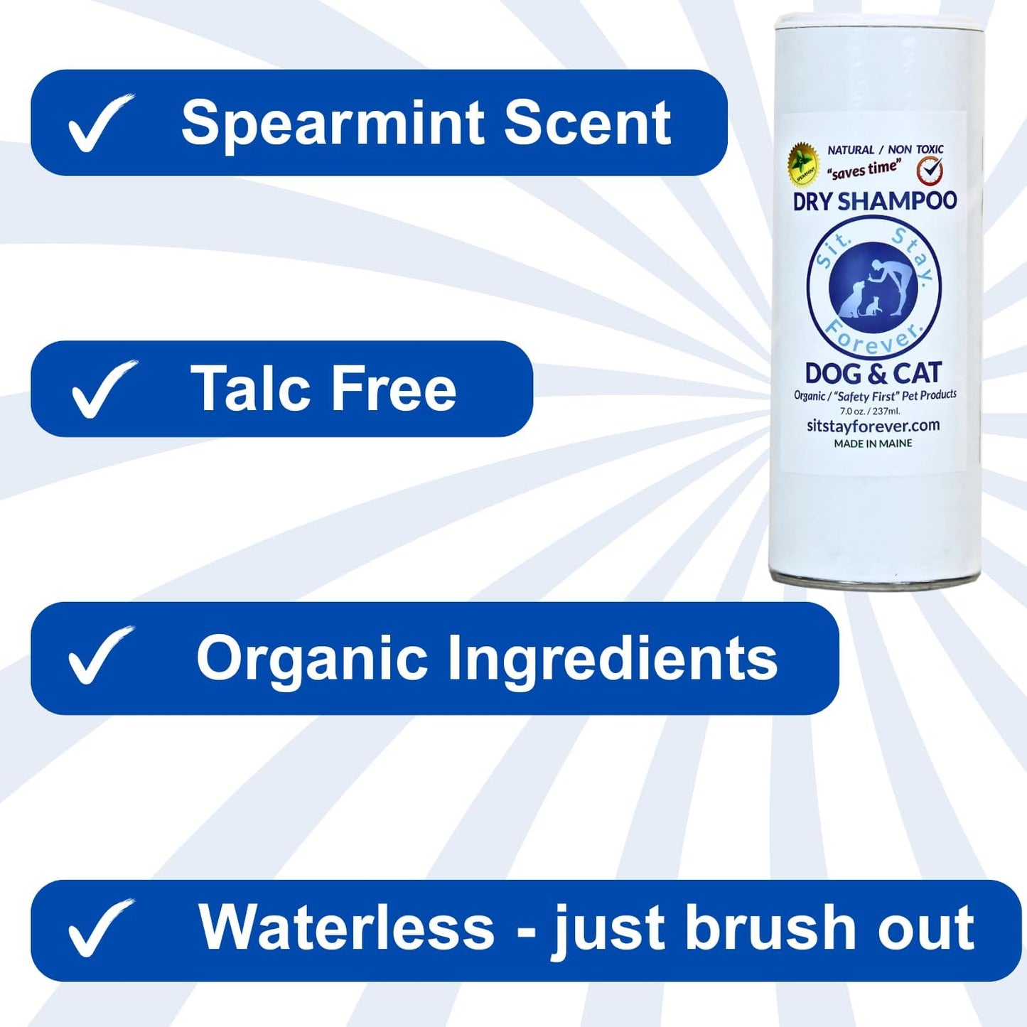 Sit Stay Forever Dry Powder Shampoo for Dogs, Dry Shampoo for Smelly Dogs and Cats, Talco para Perros y Gatos, Shampoo for Stinky and Itchy Skin, Waterless Dog Shampoo, 28 oz