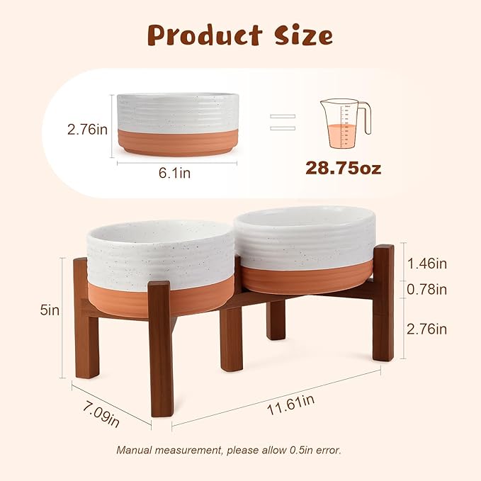 SPUNKYJUNKY Ceramic Elevated Dog Bowl Set with Acacia Wood Stand for Food and Water for Small Medium Sized Dog (28.74 OZ, White and Reddish Brown)