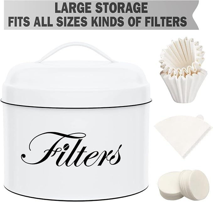 Coffee Filter Holder, White Basket Coffee Filter Storage with Lid, Round CoffeeFilter Container for Counter, Rustic Farmhouse Coffee Bar Accessories Decor (White)