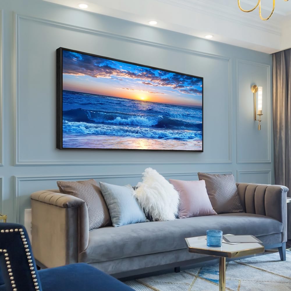 Wapluam Large Canvas Art - Blue Ocean Beach Scene, Sunny Sea View, Wave Wall Pictures, Black Framed Home Decor
