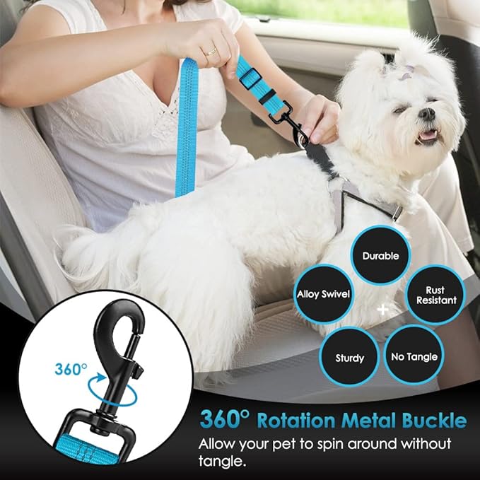 SlowTon Dog Seat Belt, Adjustable Dog Safety Belt Leash, 2 in 1 Latch Bar Attachment Dogs Car Seatbelt with Elastic Nylon Bungee Buffer, Reflective Nylon Belt Tether Connect to Dog Harness (Blue)