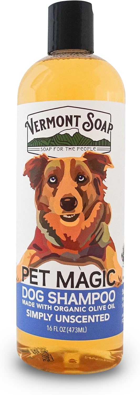 VERMONT SOAP Organics Pet Shampoo - Infused with Organic & Natural Olive Oil, Coconut & Aloe Vera Dog Shampoo for Sensitive Skin - USDA Certified Grooming Pet Shampoo - Unscented (16oz)