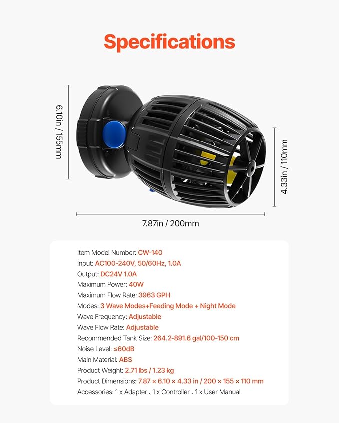 VEVOR Aquarium Wave Maker, 40W, 3963 GPH Quiet and Strong DC Powerhead, Adjustable Fish Tank Circulation Pump with Controller, Strong Magnetic Base, 360° Rotating Wavemaker, for Freshwater Saltwater
