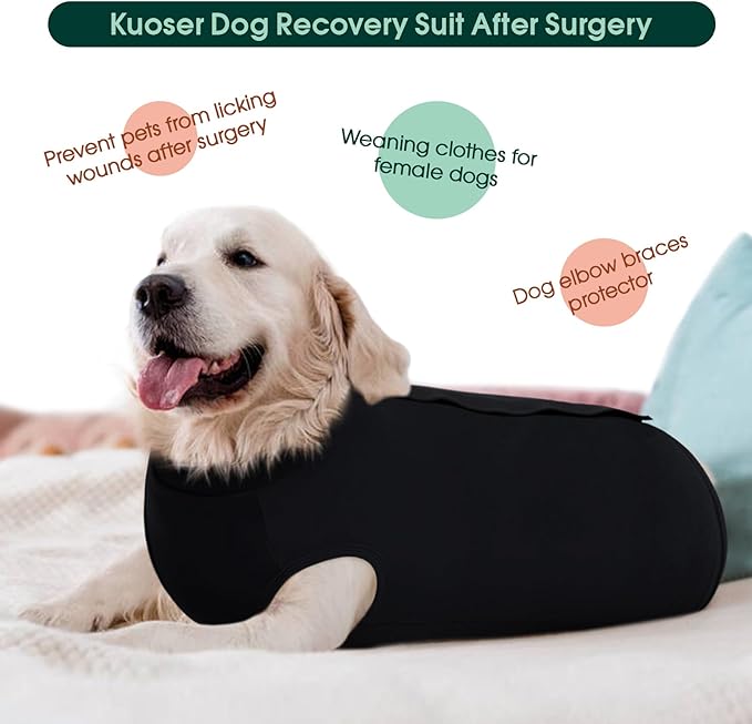 Kuoser Dog Surgery Suit Female Spay Male Neuter, Dog Leg Sleeve to Stop Licking Soft Dog Onesie for Abdominal Wound, Dog Recovery Suit Rear Leg Sleeves Pet Elbow Brace Protector, Black XL