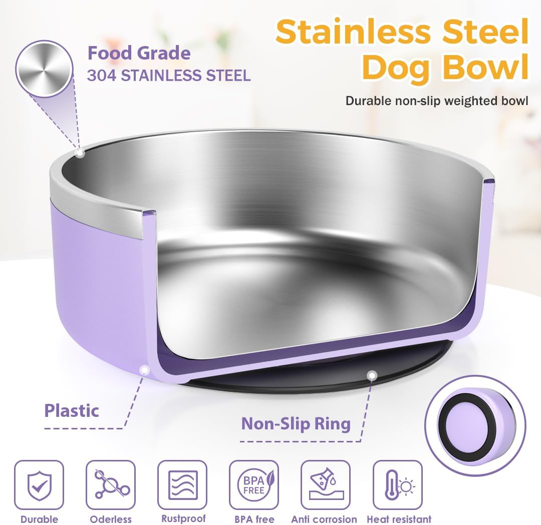 IKITCHEN Dog Bowl for Food and Water, 64 Oz Stainless Steel Pet Feeding Bowl, Durable Non-Skid Insulated Heavy Duty with Rubber Bottom for Medium Large Dogs (64 Ounces/8 Cup, Light Purple)