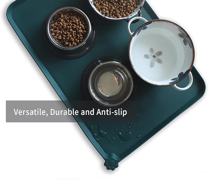 Hoki Found Large Silicone Pet Food Mats - Non Slip Dog Cat Bowl Placemats - Waterproof Dog Cat Food Mats - Dark Cedar