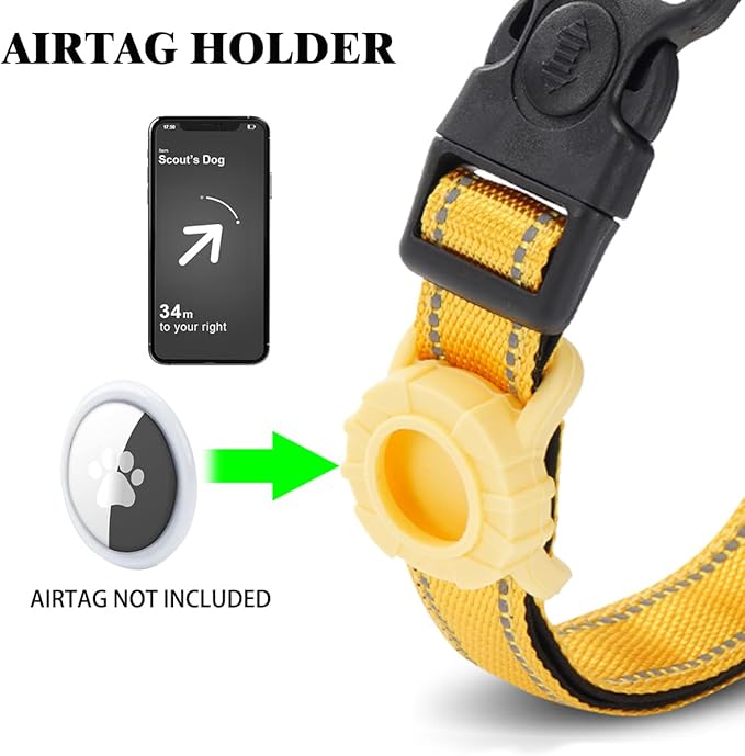 JSXD AirTag Dog Collar, Night Reflective Nylon Dog Collar for Small Medium Large Dogs,Lockable Quick Release Buckle,Padded Breathable Pet Collar with AirTag Holder (Yellow, Medium)