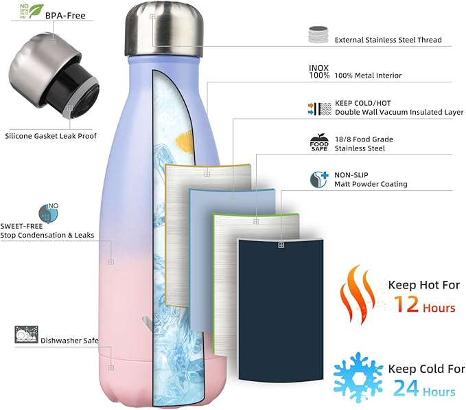 Insulated Water Bottles,12 oz Double Wall Stainless Steel Vacumm Metal Flask for Sports Travel,Pastel Sunset