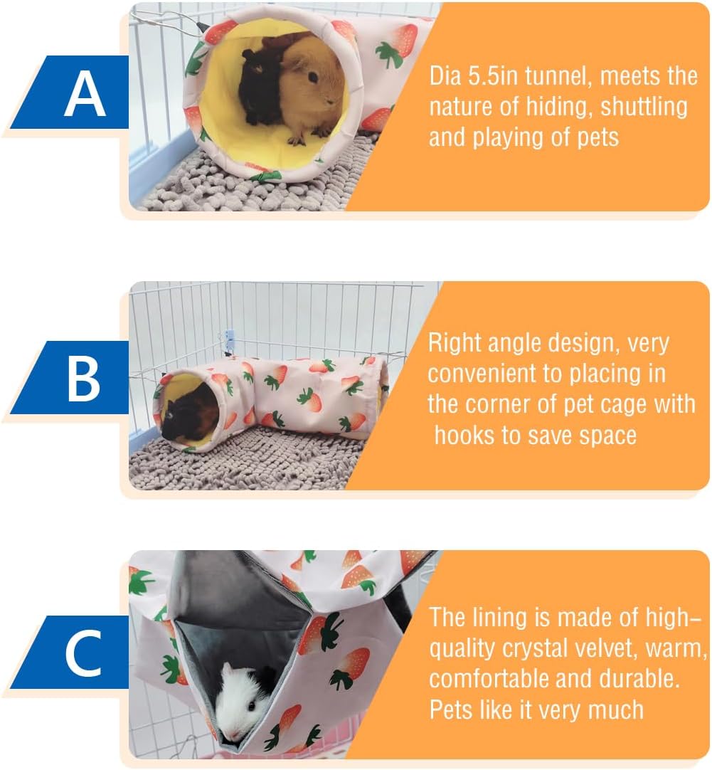 Large Caliber Guinea Pig Hideout & Hammock, Corner Hideout Toy for Guinea Pig, Ferret, Hedgehog, Piggy-2 Tunnel Strawberry