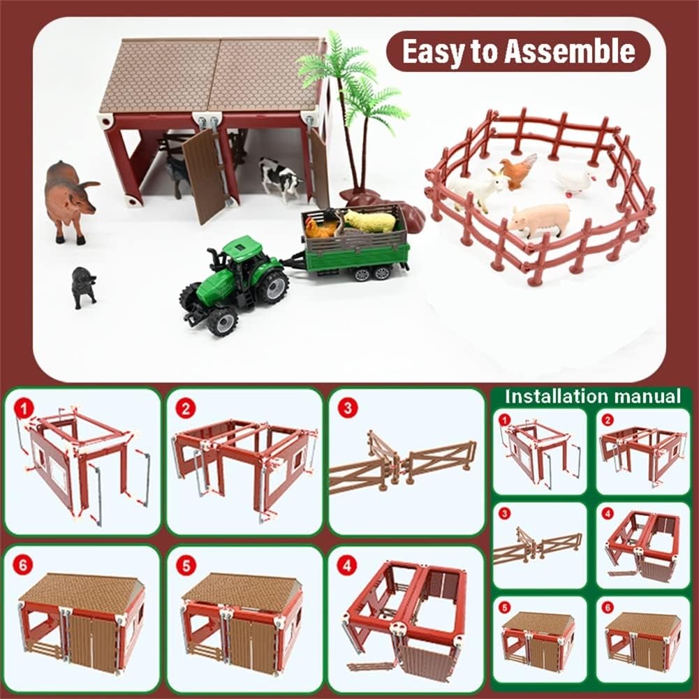 BOLZRA Mini Barn Playset, 66PCS Plastic Animals Figurines and Fence, Farm Figures Farmer Vehicle Toy Truck with Trailer for 3-12 Years Old Kids Boys Girls Toddlers