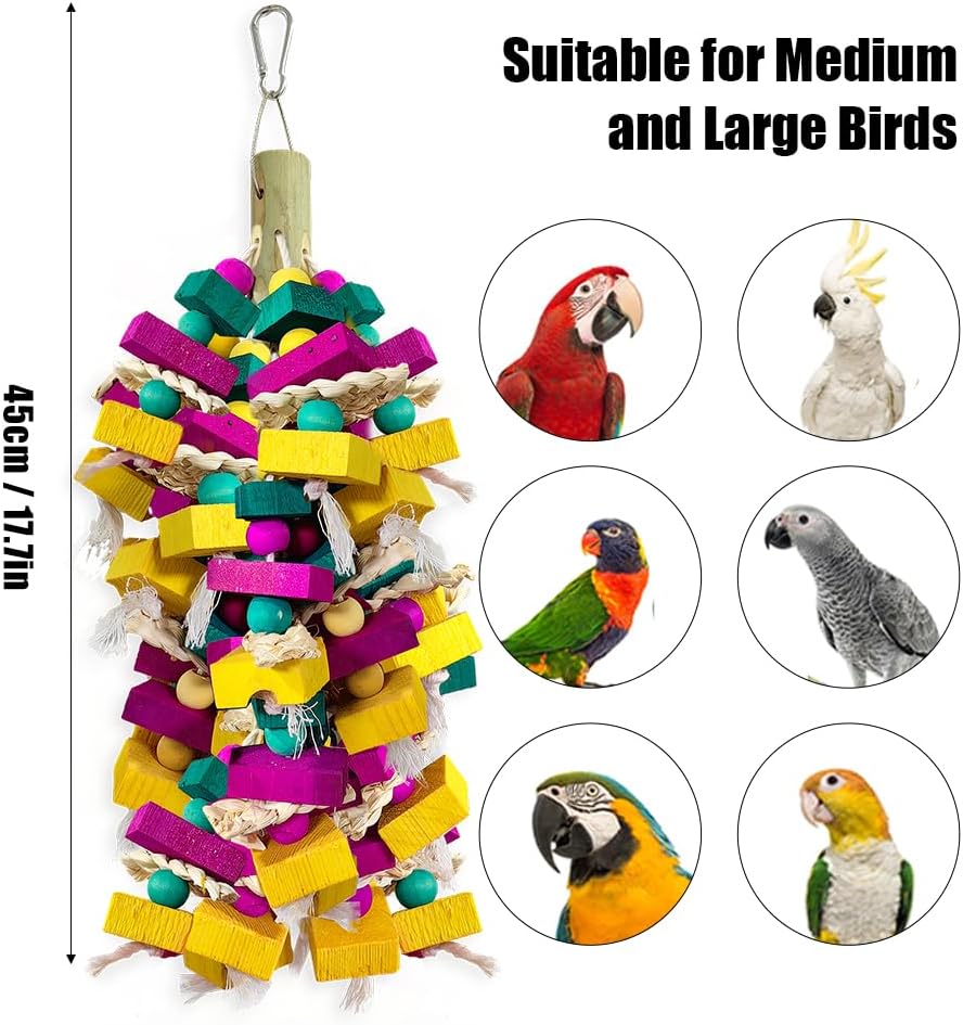 Large Bird Toys, Multi-Color Wooden Block with Bamboo Support Bird Chewing Toy Parrot Cage Bite Toy for Macaws Cokatoos African Grey and Large Medium Parrot Birds