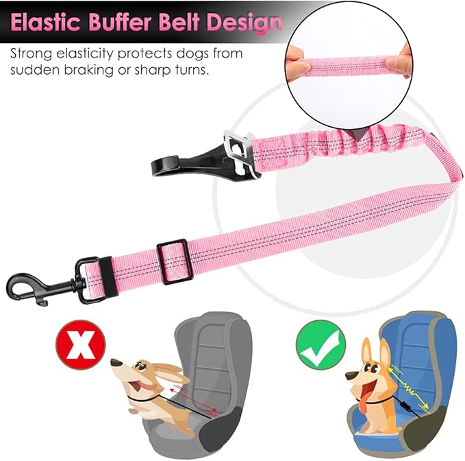 SlowTon Dog Seat Belt, Adjustable Dog Safety Belt Leash, 2 in 1 Latch Bar Attachment Dog Car Seatbelt with Elastic Nylon Bungee Buffer, Reflective Nylon Belt Tether Connect to Dog Harness (Pink)