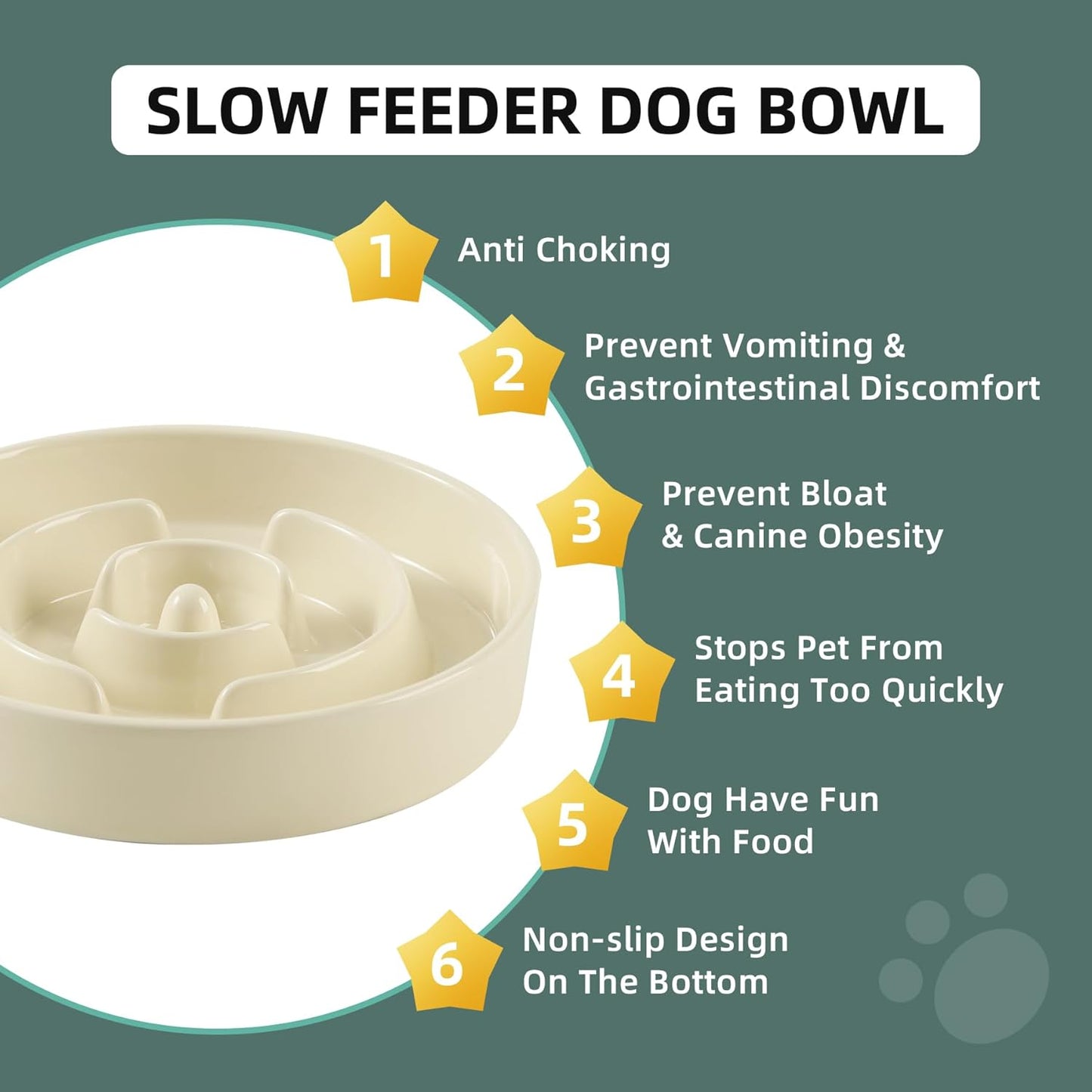 7.3inch Ceramic Slow Feeder Dog Bowl for Medium and Large Breed, Puzzle Dog Food Dish, Anti-Gulping, Pet Slow Feeder, Stop Bloat, Preventing Choking (Single Bowl-Beige)