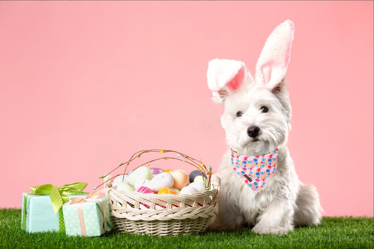 Lionet Paws Easter Dog Bandana for Small Medium Dogs,Colorful Egg Kerchief Washable Dog Triangle Bibs Rabbit Pink Scarf for Girl or Boy Gift