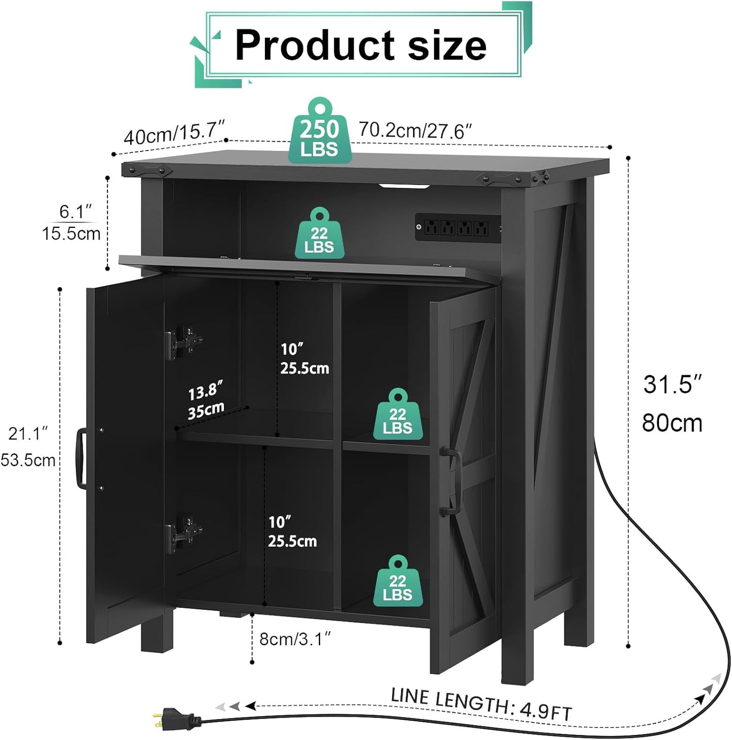 20 Gallon Aquarium Stand With Charging Station, Farmhouse Fish Tank Stand, Reptile Tank Stand Terrarium Stand with Drawer and Cabinet Storage, Sturdy Heavy Duty 27.6"×15.7" Tabletop - Black