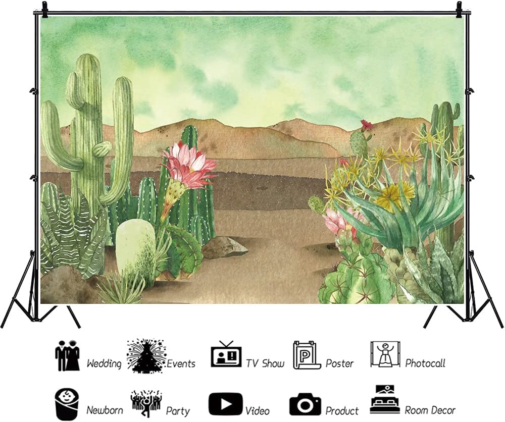 Renaiss 8x6ft Floral Cacti Backdrop Watercolor Aloes Cactus Flowers Desert Scenery Photography Background Botanical Mexican Fiesta Baby Shower Bridal Shower Birthday Party Decors Photo Studio Props