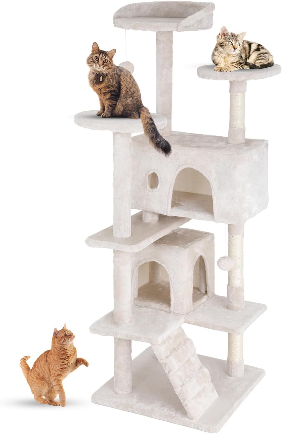 FDW Cat Tree 54in Cat Tower Multi-Level Durable Cat Scratching Post & Cozy Fun Cat Jumping Platform Space Saving Cat Condo Pet Play House for Indoor Cats,Beige