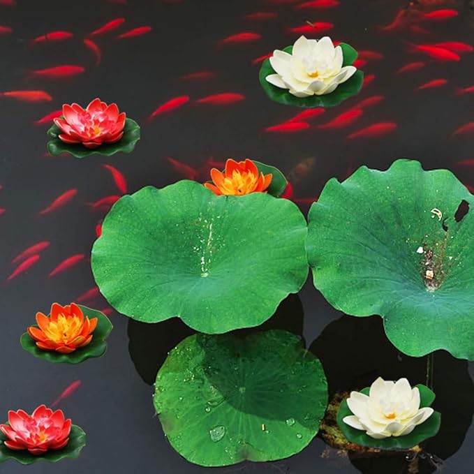 Happy Trees 12 Pcs Artificial Floating Foam Lotus Flower with Water Lily Pad, Lifelike Ornanment Home Garden Pond Decor Indian Decorations Return Gifts