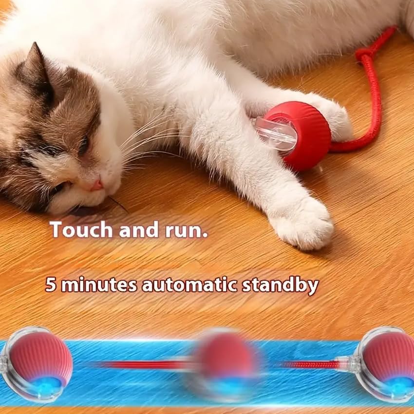 Cat Toy Ball with Tail Rope, Smart Rolling Ball, LED Light, Electric Self-Rolling Pet Toy, Interactive Cat Jumping Ball, Automatic Cat Teaser Ball, Small Dog Toy, Pet Excercise, Cat Activity (Red)